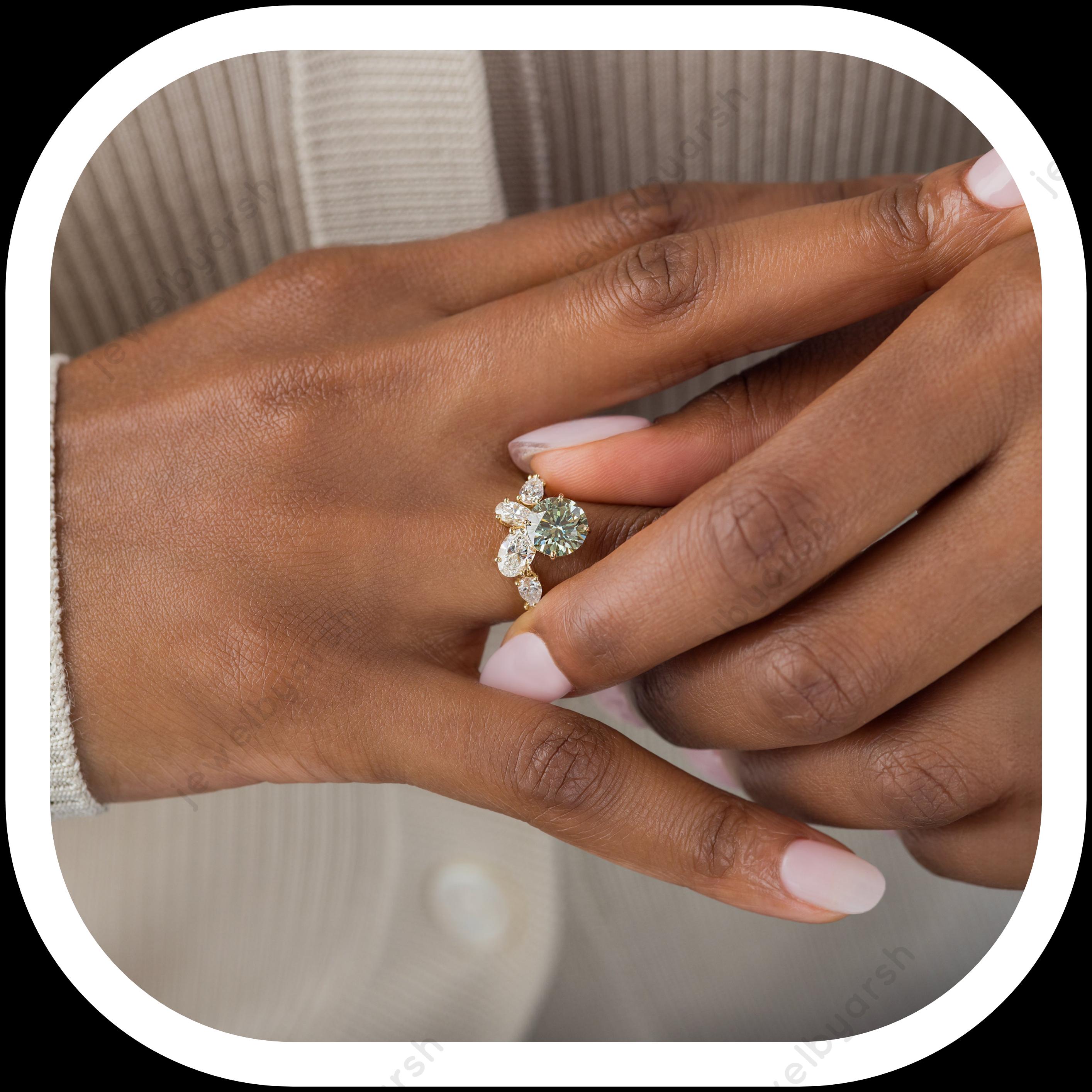 Green Peridot Ring, August Birthstone Ring, Pear Cut Peridot Solitaire, Oval Moissanite Accent Ring, 925 Sterling Silver Jewelry