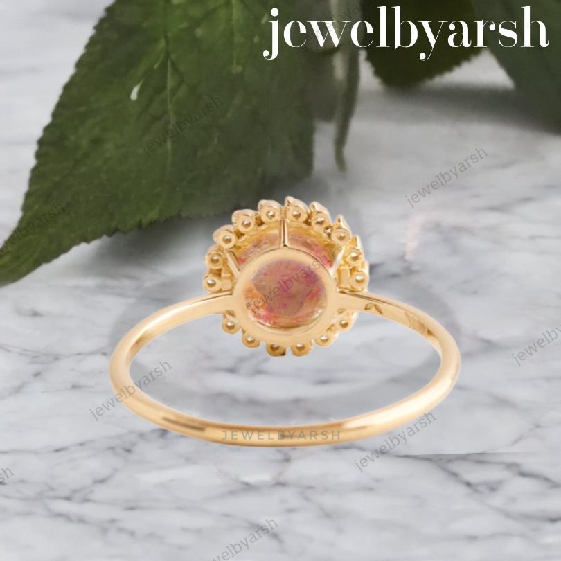 Orange Sandstone Ring | Yellow Gold Round Stone Halo, Adjustable Ring