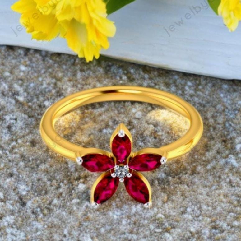 Red Ruby Floral Ring, Marquise Cut Lab Created Ruby & CZ Ring, 925 Sterling Silver With Gold Micron Plating, July Birthstone