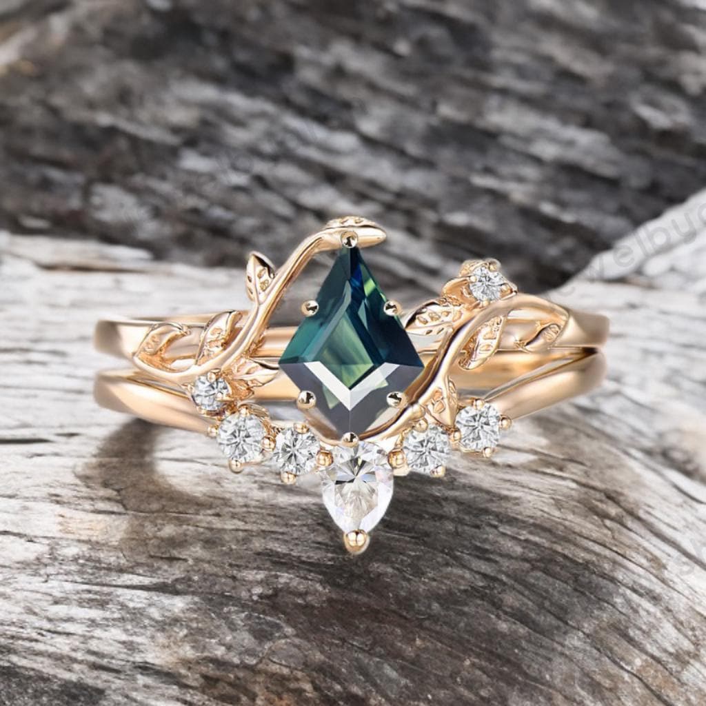 Kite Cut Green Sapphire Ring, Leaf Inspired Engagement Ring, Green Sapphire Bridal Jewelry, Moissanite & CZ Diamond Ring