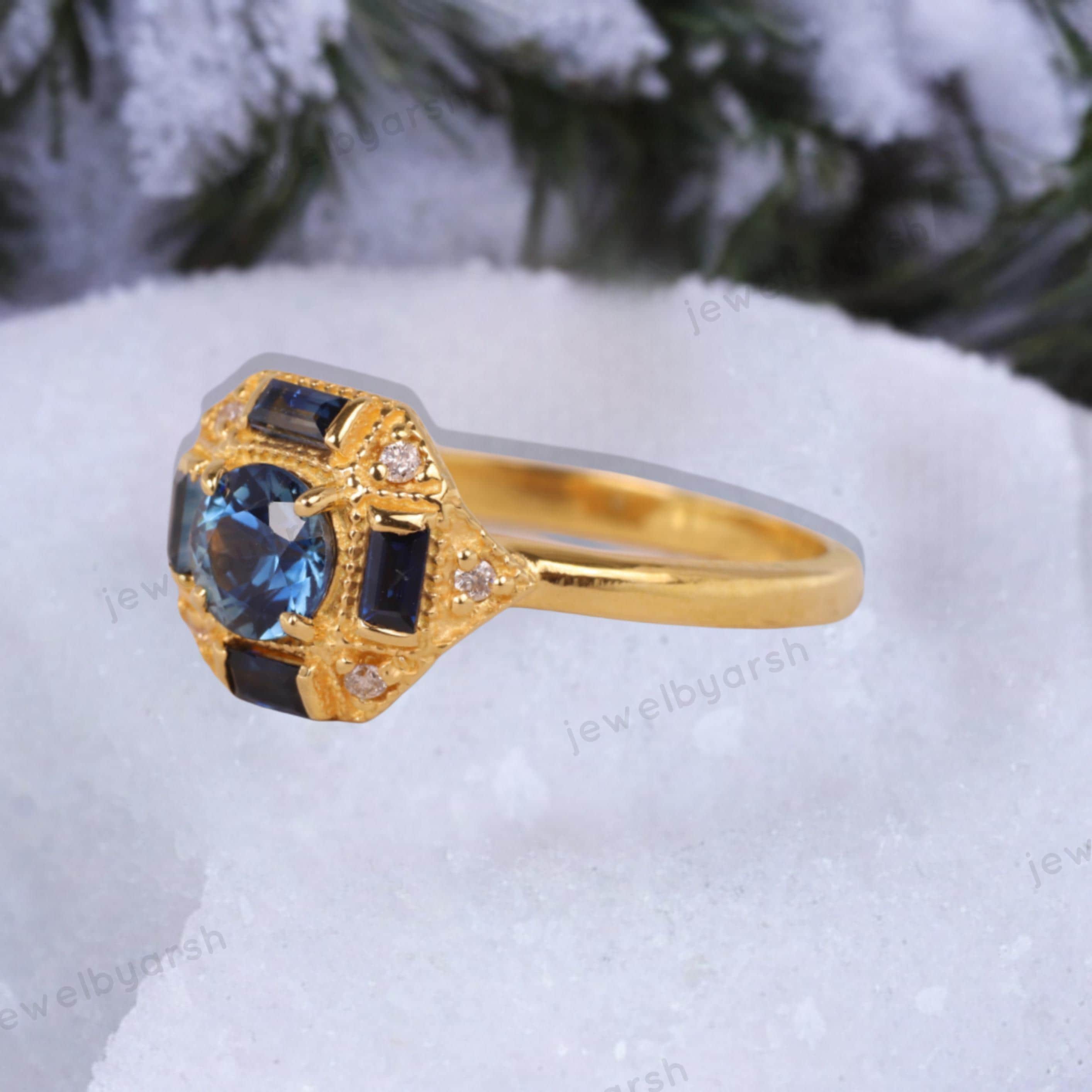 Antique Art Deco Sapphire CZ Stone Engagement Ring, Blue Sapphire Band, Delicate Bridal Ring Anniversary Gift, Brides Maid Ring,