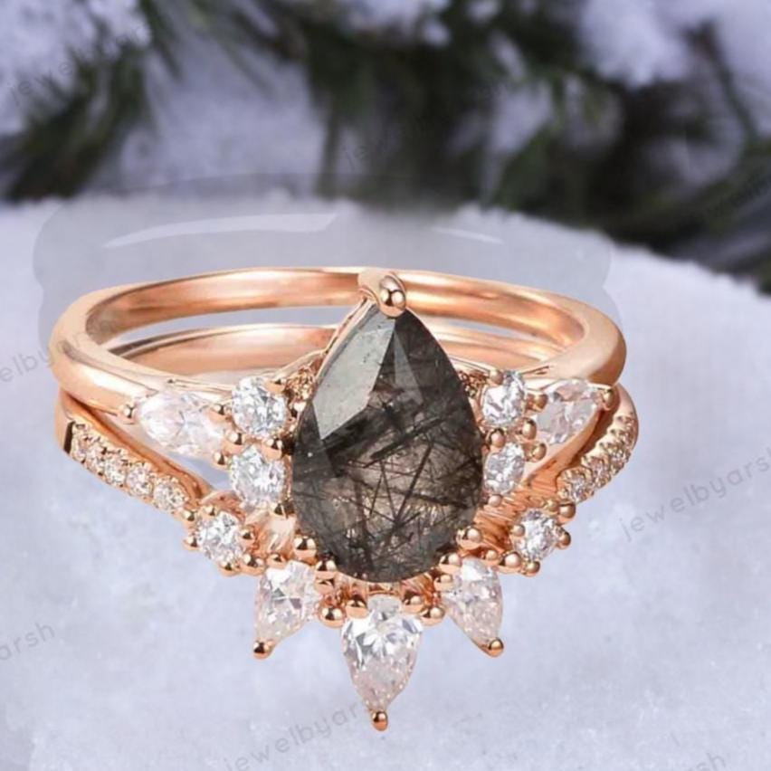 Pear Black Rutile Ring Set In Rose Gold Plated 925 Sterling Silver, Vintage Engagement Ring