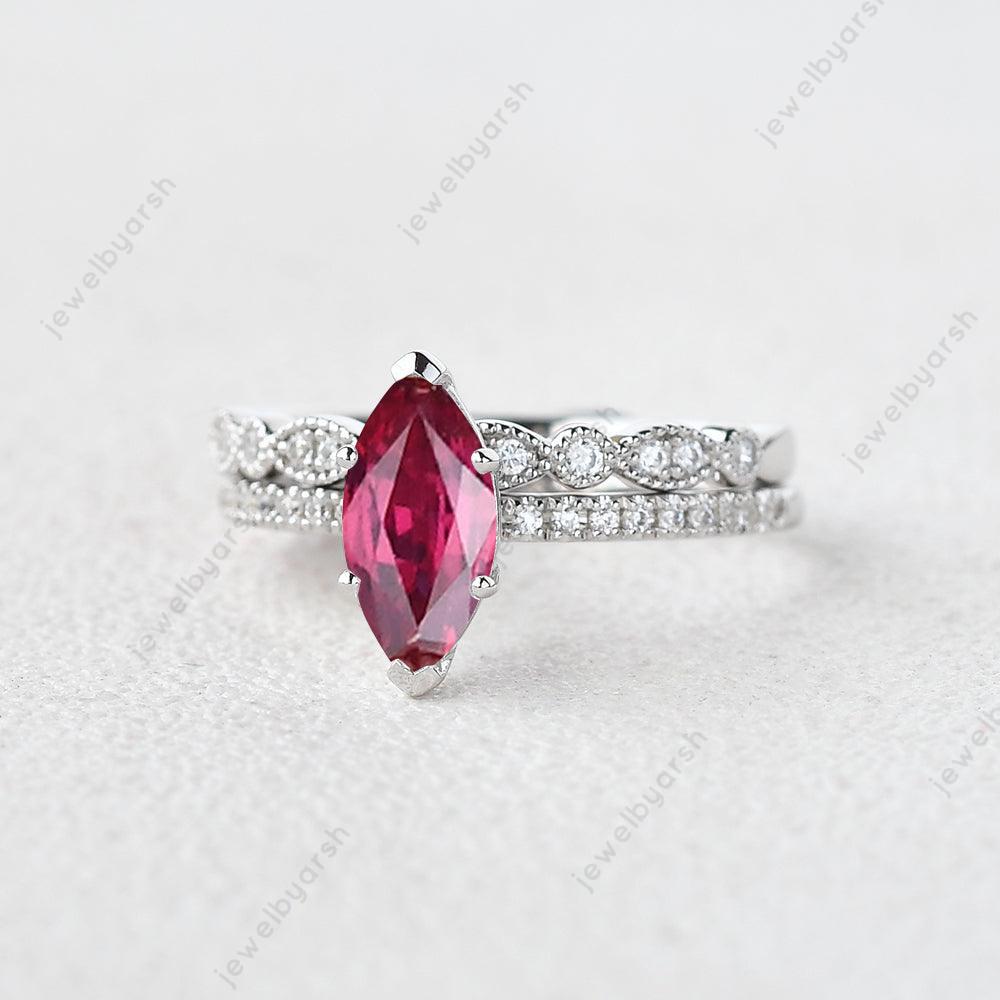 14k Marquise Ruby And Diamond Ring, Solitaire Ruby Ring, July Birthstone Vow Renewal Ring, Two Row Anniversary Band, 1st Anniversary Gift .