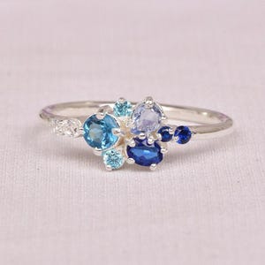Tanzanite lab Alexandrite and teal sapphire cluster ring, Hand made cluster wedding ring, Aquamarine bridal wedding ring,  Multi stones ring