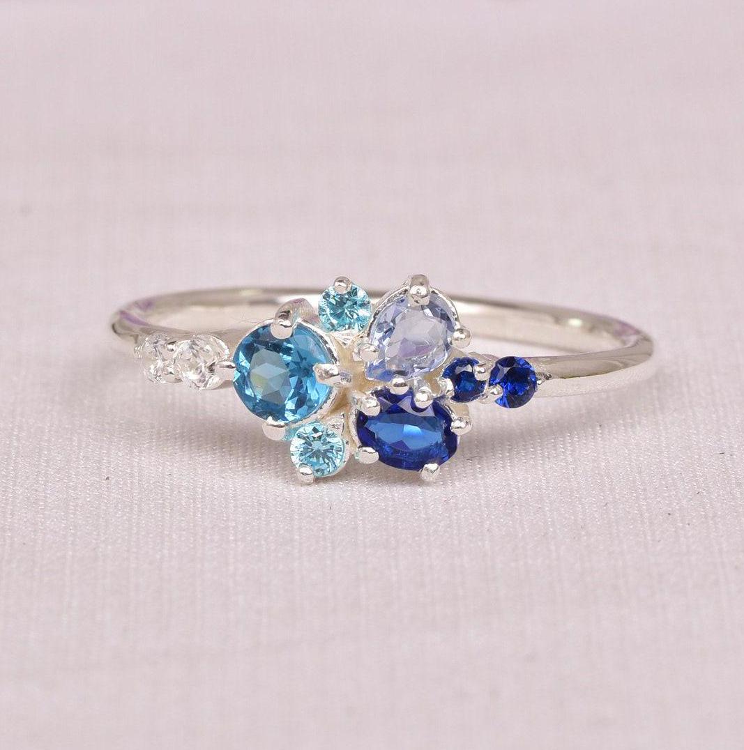 Tanzanite Lab Alexandrite And Teal Sapphire Cluster Ring, Hand Made Cluster Wedding Ring, Aquamarine Bridal Wedding Ring,  Multi Stones Ring