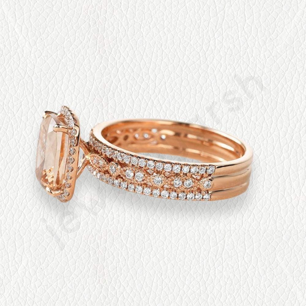 Bridal Blush Halo Ring, Oval Morganite Engagement Ring, Rose Gold Ring, CZ Side Stones