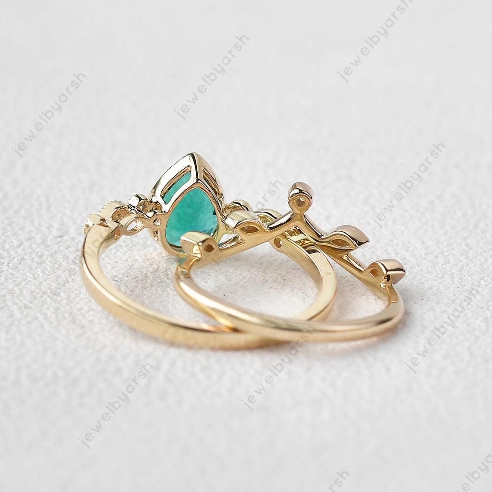 Pear Cut Emerald Engagement Ring Set, 1.5ct Lab Created Emerald Ring Set, 925 Sterling Silver Bridal Jewelry, May Birthstone Ring Set