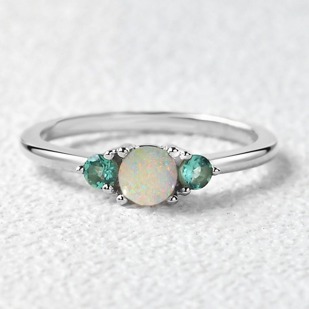 Fire Opal & Emerald Ring, 5mm Round Lab Created Fire Opal, Green Emerald, October Birthstone, 925 Sterling Silver