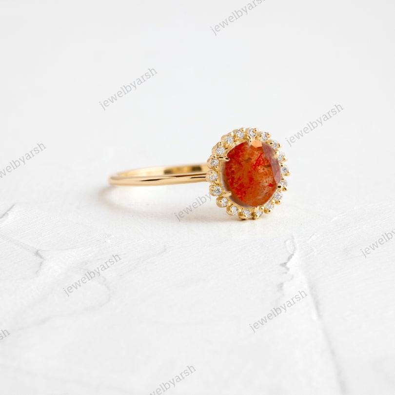 Orange Sandstone Ring | Yellow Gold Round Stone Halo, Adjustable Ring