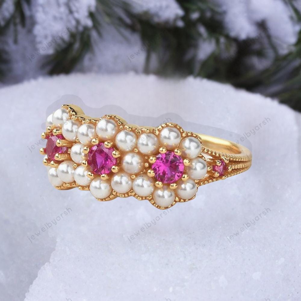 Red Ruby Ring, Halo Pearl Ring, July Birthstone Jewelry
