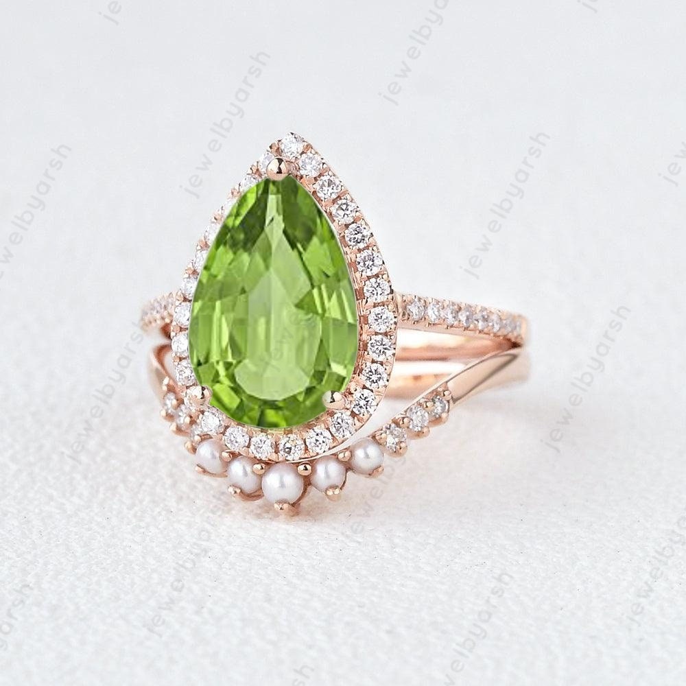 Pear Shape Green Peridot Gemstone Ring, August Birthstone Promise Ring, Yellow Gold Wedding Jewelry, Antique Solitaire Ring, Gift For Love
