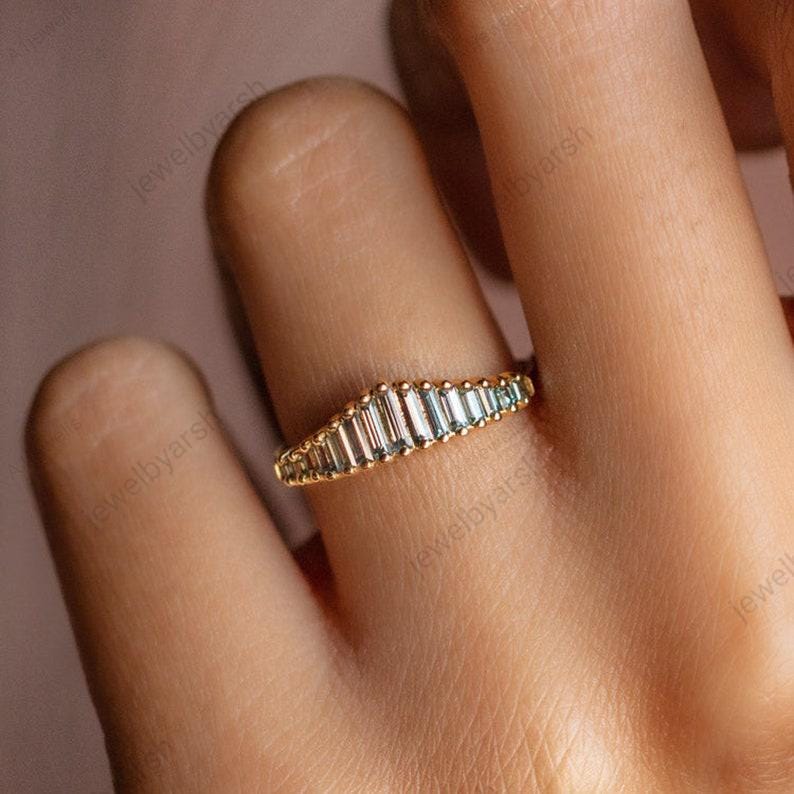 Baguette Aquamarine Wedding Ring, Blue Lab Created Gemstone Ring, 14K Yellow Gold Plated Ring, March Birthstone Engagement Ring