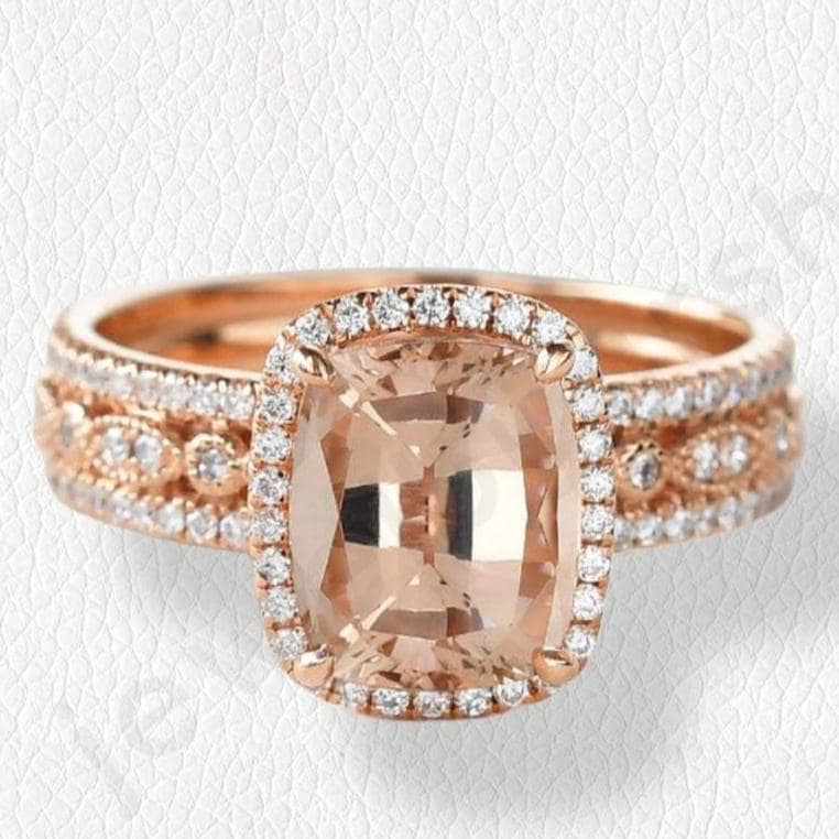 Bridal Blush Halo Ring, Oval Morganite Engagement Ring, Rose Gold Ring, CZ Side Stones