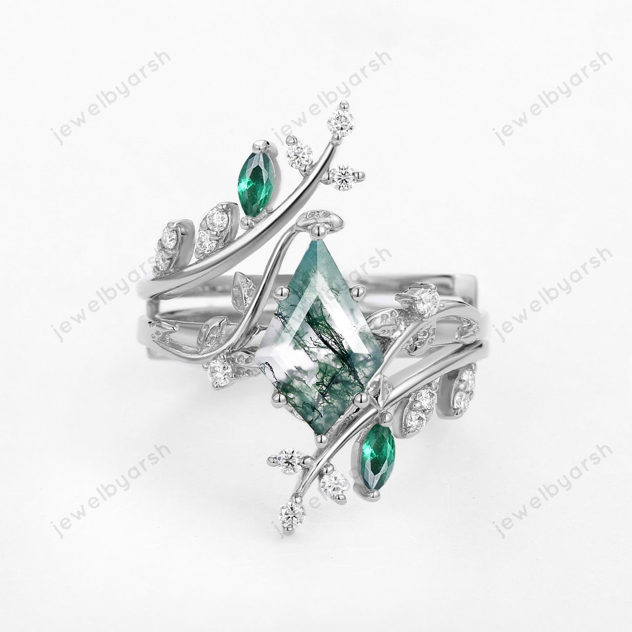 Kite Cut Moss Agate Engagement Ring: Gold Emerald Leafy Anniversary Ring Set
