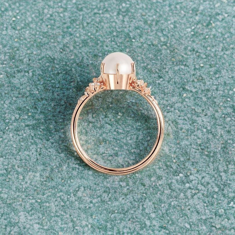 Round Pearl Ring, Lab Grown Pearl Engagement Ring, Diamond Accent Ring, Dainty Pearl Promise Ring, 925 Sterling Silver Jewelry