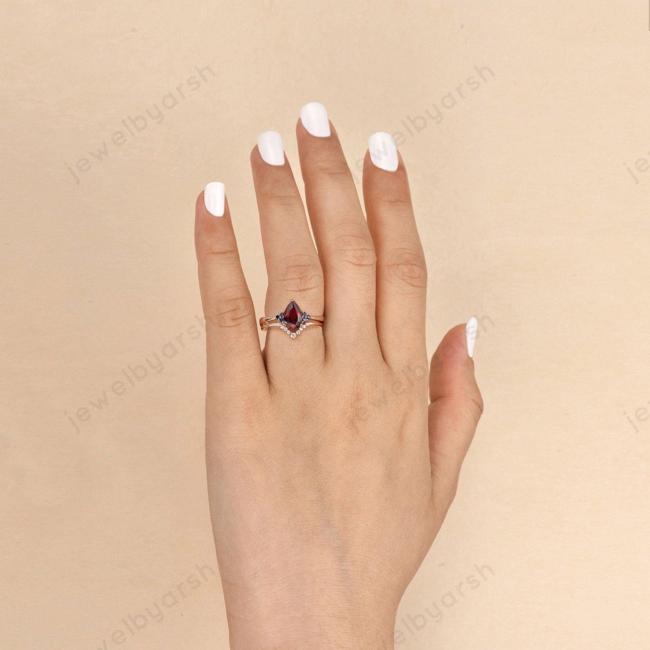 Pear Shape Ruby Ring Set, 2-Piece Red Lab Created Ruby & Blue Sapphire Wedding Ring Set, 925 Sterling Silver With Gold Micron Plating, July Birthstone