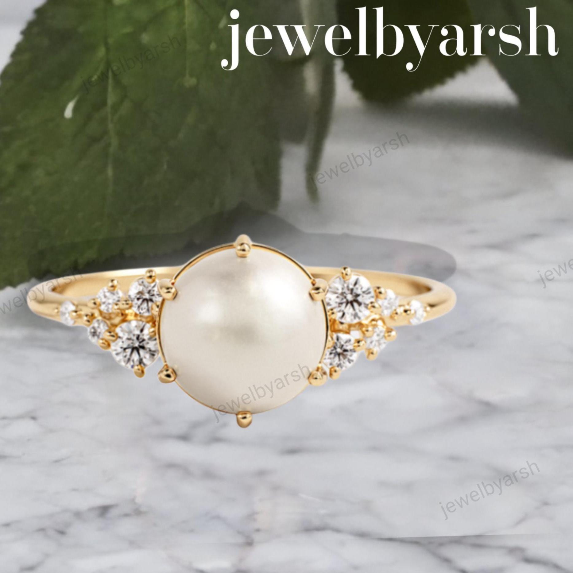 Round Pearl Ring, Lab Grown Pearl Engagement Ring, Diamond Accent Ring, Dainty Pearl Promise Ring, 925 Sterling Silver Jewelry