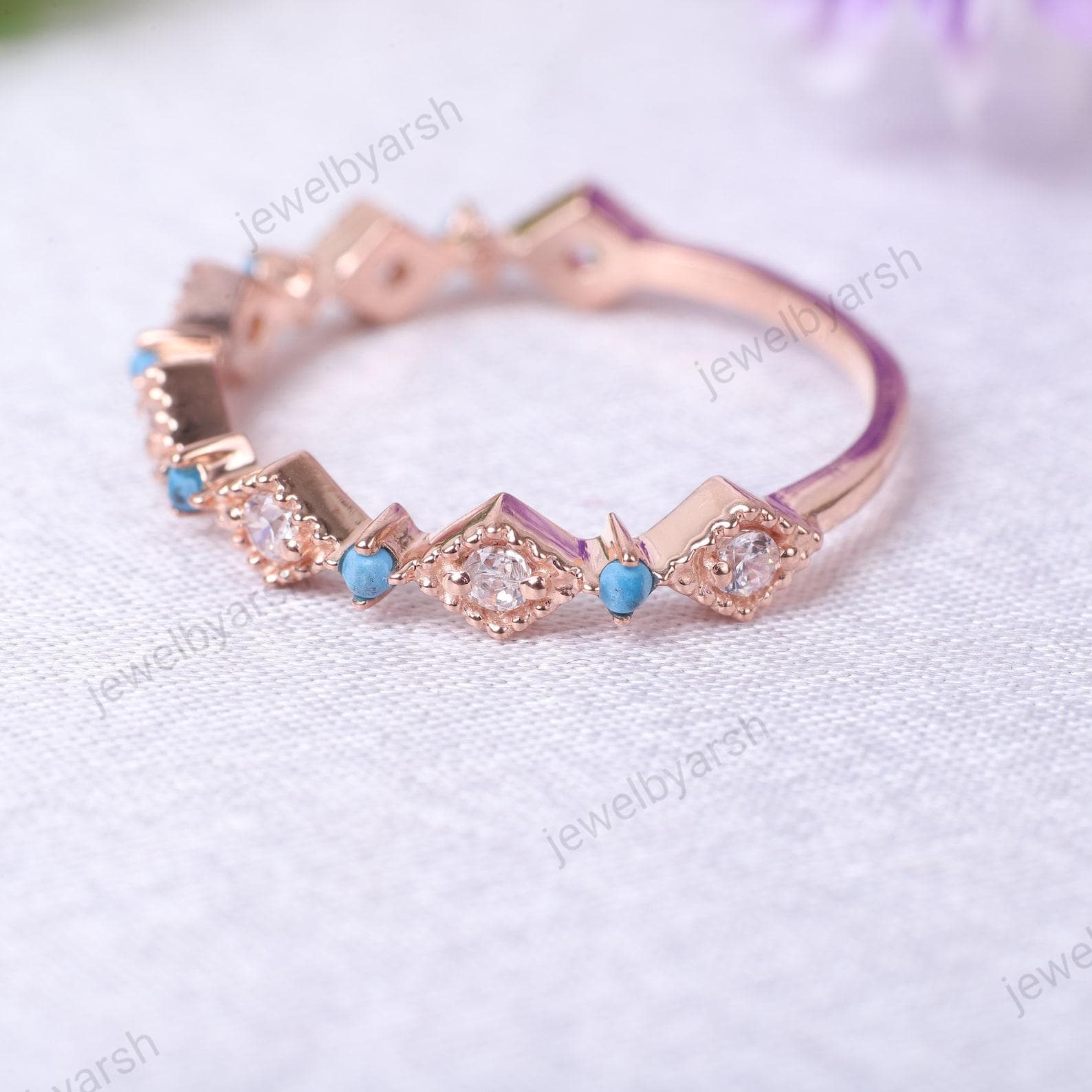 Turquoise & CZ Diamond Rose Gold Ring: Solid Gold Half Eternity Band