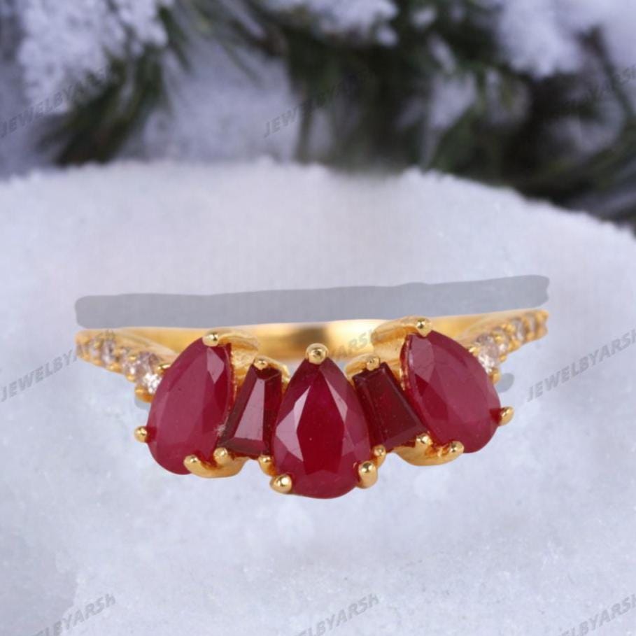 Pear Shape Ruby Ring, Red Lab Created Ruby & CZ Ring, 14K Yellow Gold Micron Plated 925 Sterling Silver, July Birthstone