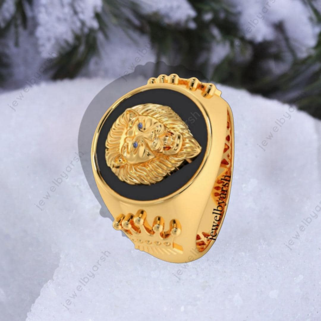 Labradorite Lion Ring, Yellow Gold Signet Ring, Custom Lion Ring, Round Blue Labradorite Gemstone Ring, Birthday Gift For Him