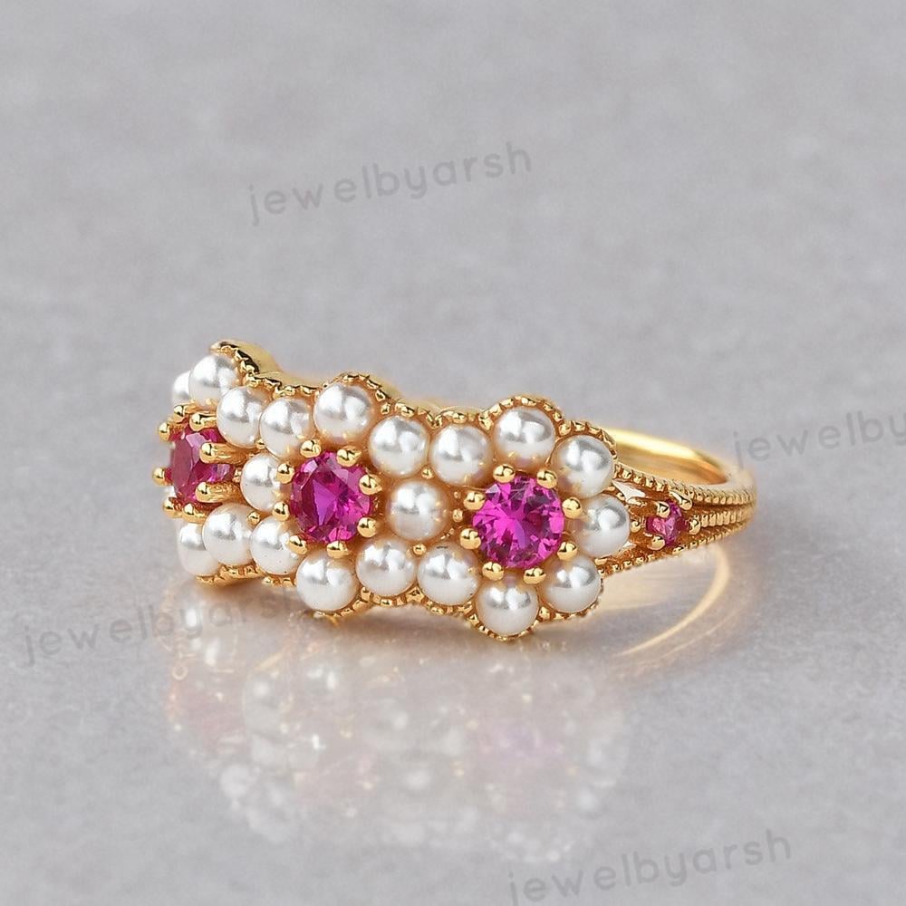 Red Ruby Ring, Halo Pearl Ring, July Birthstone Jewelry