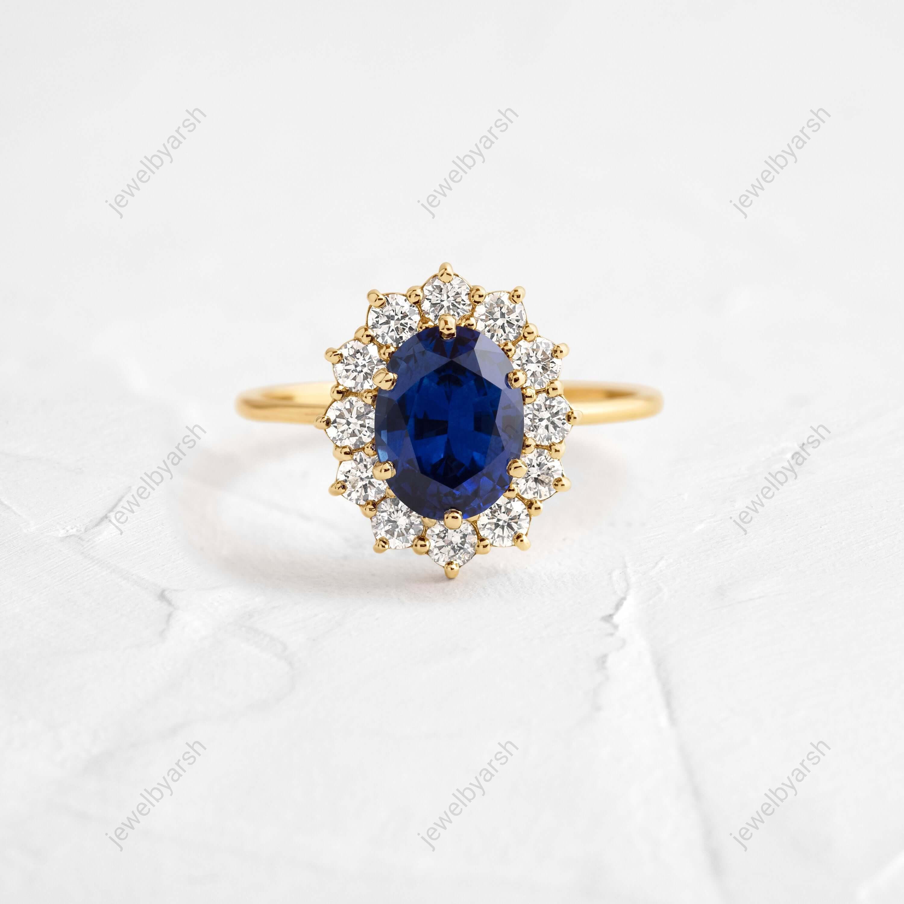 Oval Blue Sapphire Ring, 14K Yellow Gold Halo Ring, Oval Blue Sapphire Halo Ring With Diamond, Blue Sapphire Ring ,Gemstone Anniversary Gift