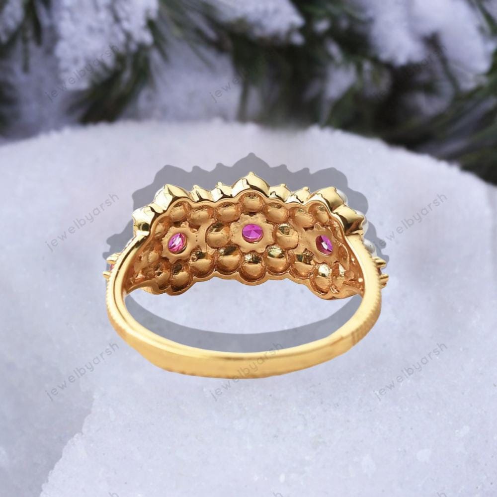 Red Ruby Ring, Halo Pearl Ring, July Birthstone Jewelry
