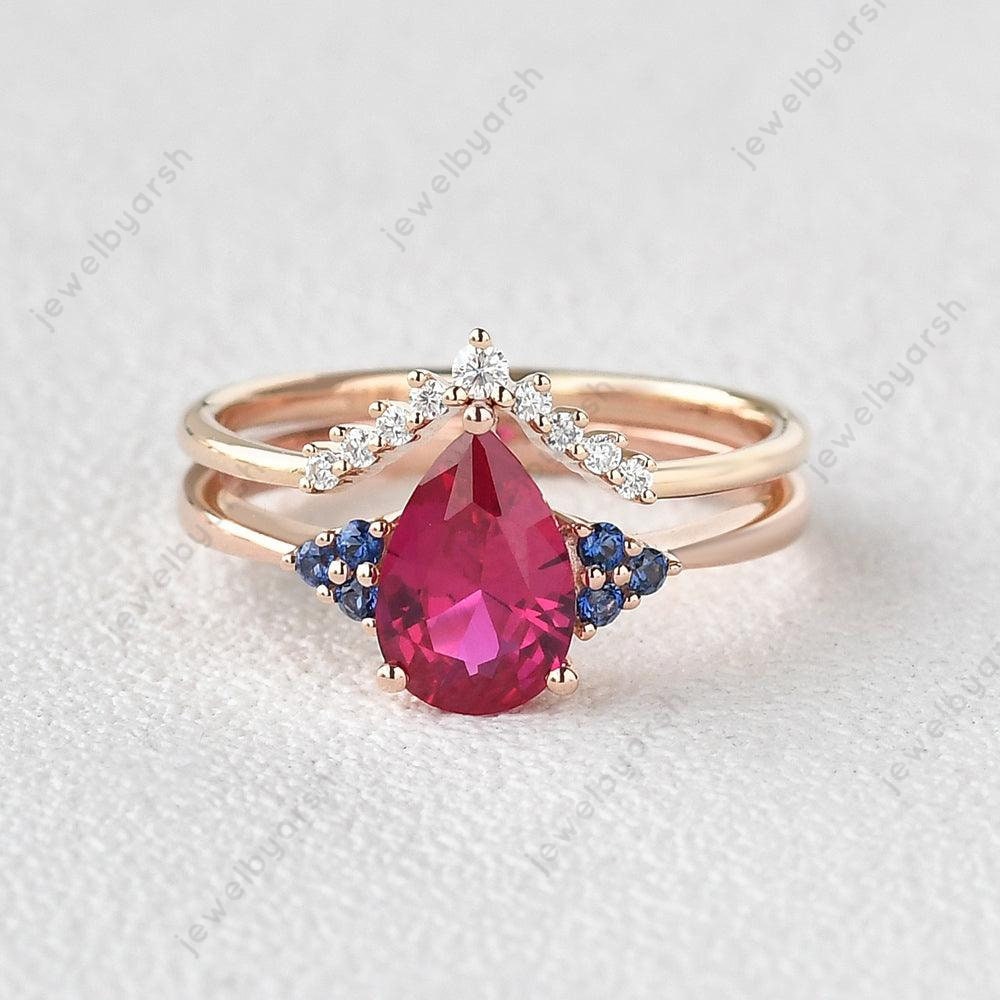 Pear Shape Ruby Ring Set, 2-Piece Red Lab Created Ruby & Blue Sapphire Wedding Ring Set, 925 Sterling Silver With Gold Micron Plating, July Birthstone