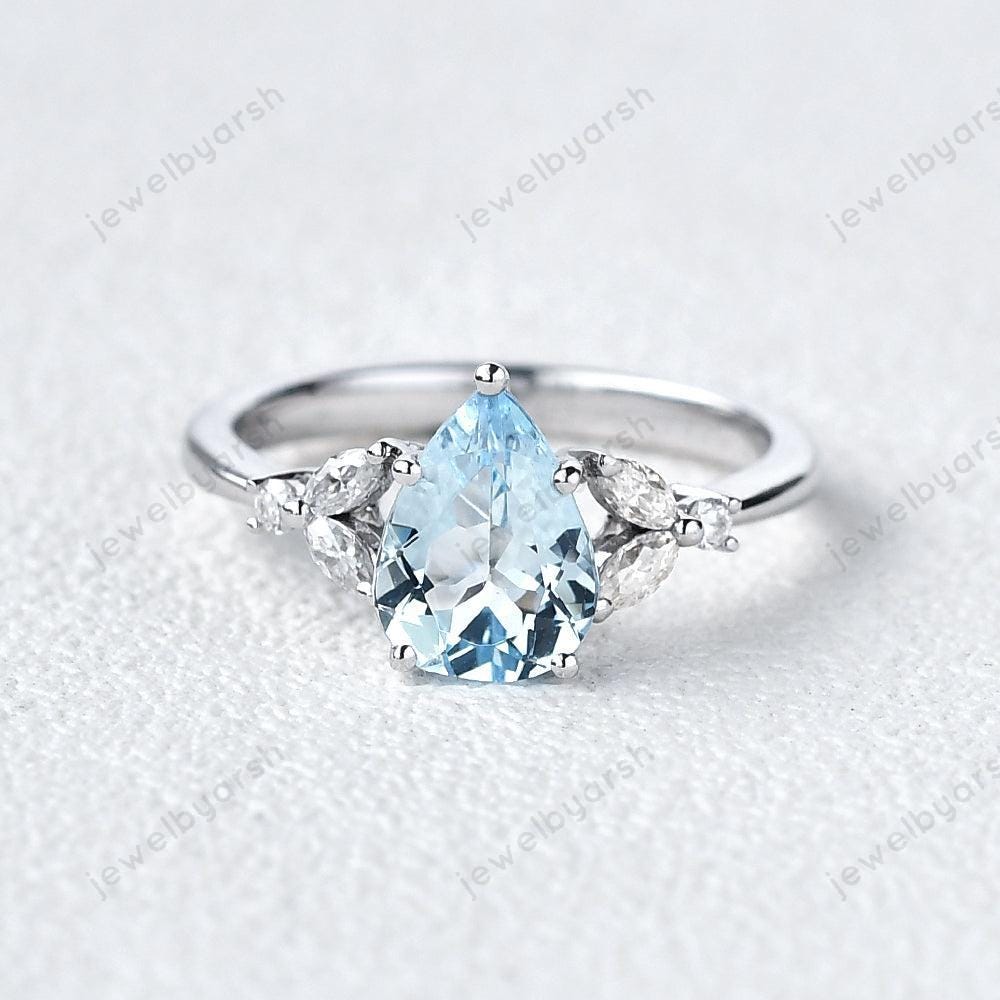 Pear Cut Aquamarine Ring, 925 Sterling Silver, Moissanite Wedding Ring, March Birthstone Ring, Unique Design Gift Ring,  Aquamarine Jewelry