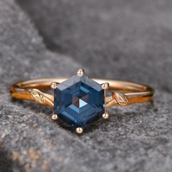 Hexagon Blue Topaz Ring, Lab Created Blue Topaz, October Birthstone, Gold Micron Plated 925 Sterling Silver Art Deco Ring