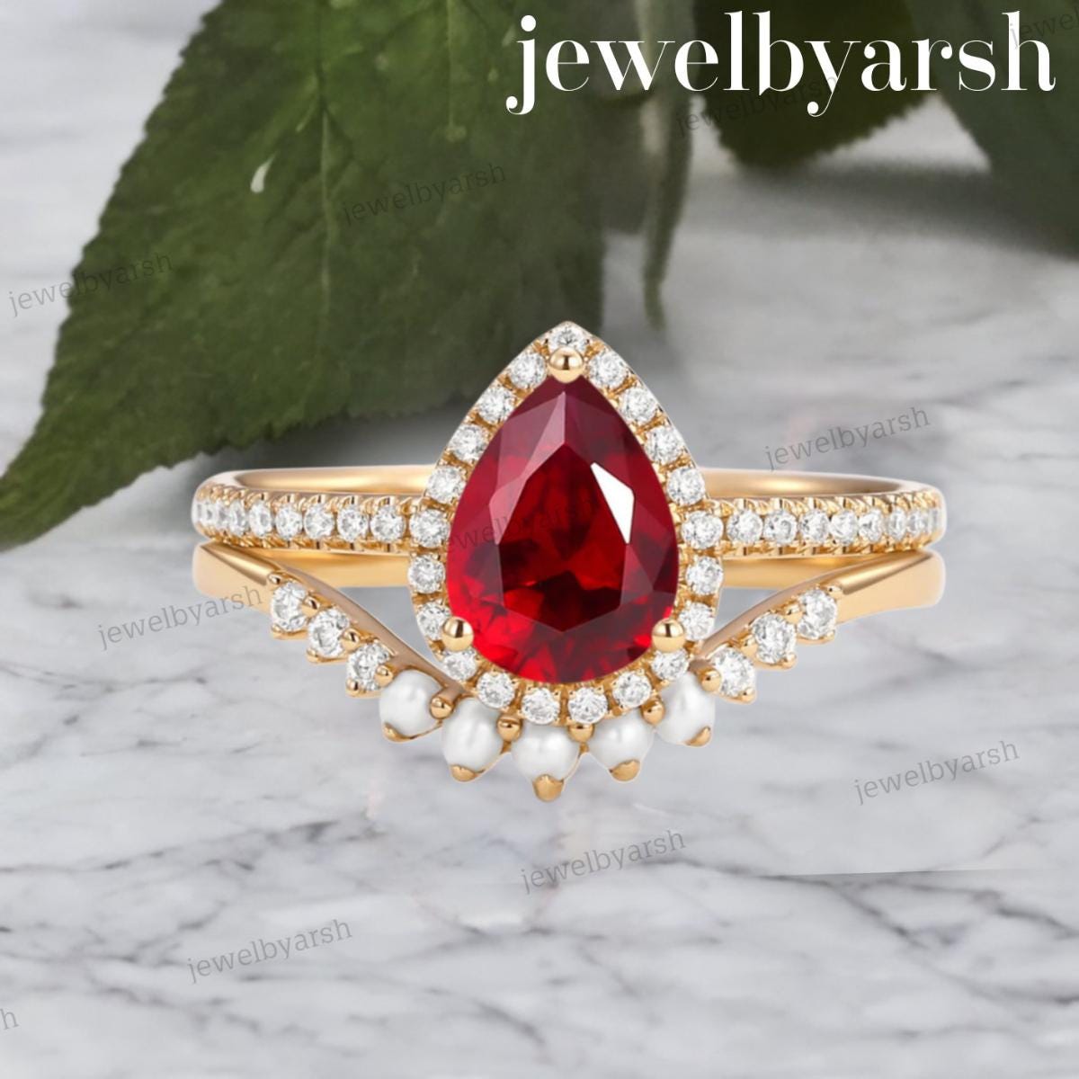 Pear Ruby Ring Set | 14K Rose Gold Bridal Ring With Pearl Accents