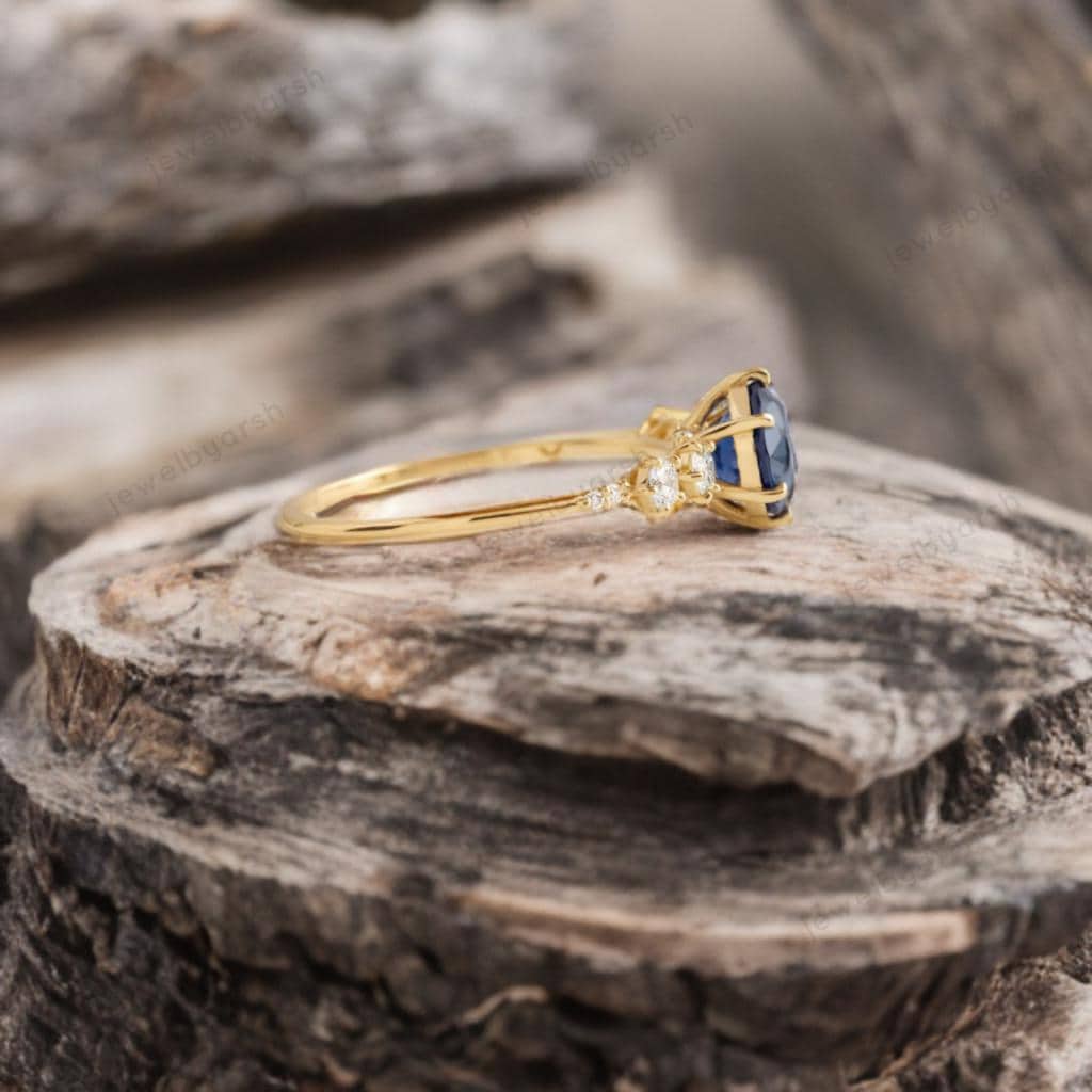 Blue Sapphire Ring, Yellow Gold Engagement Ring, Diamond Accent