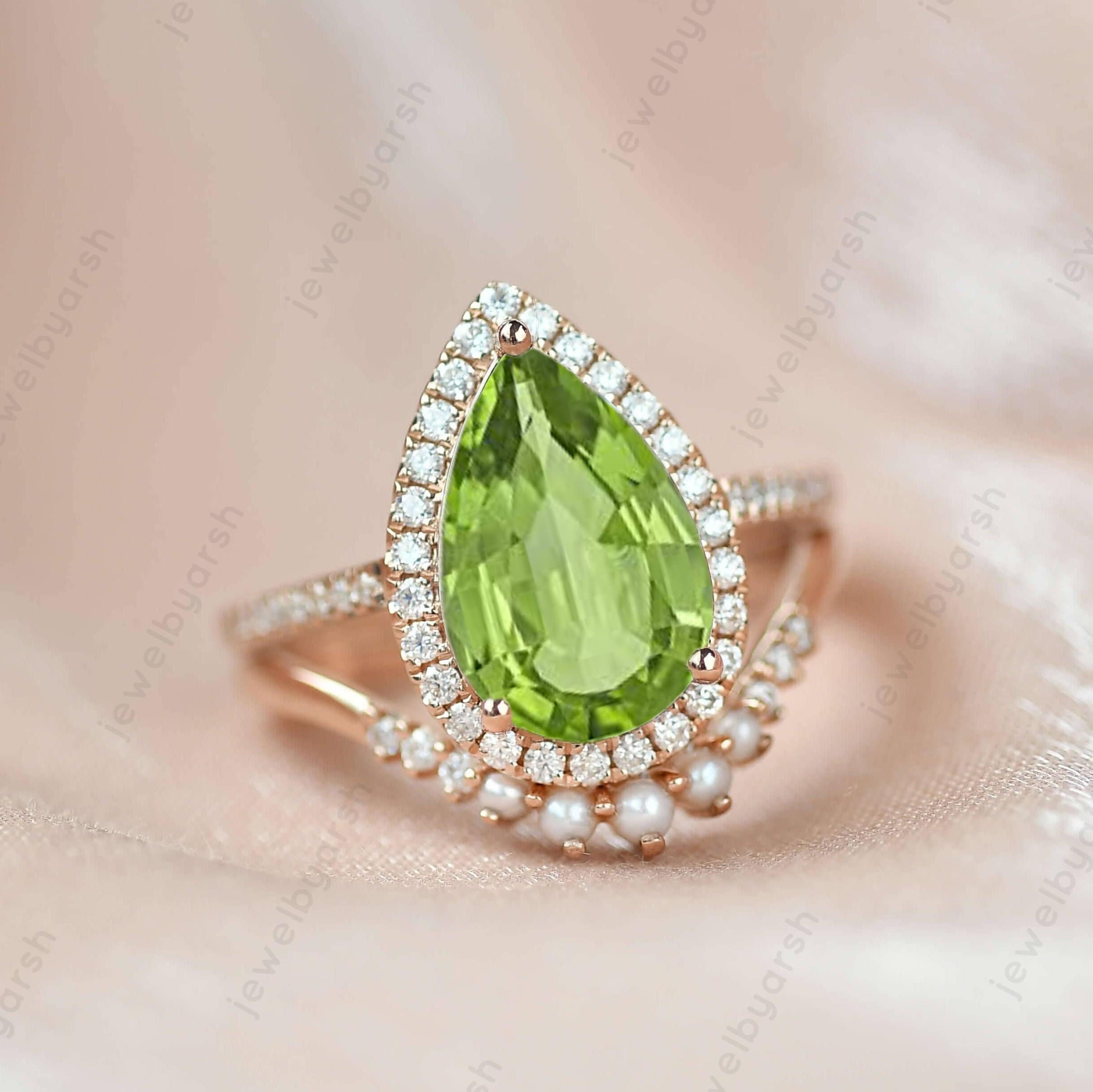 Pear Shape Green Peridot Gemstone Ring, August Birthstone Promise Ring, Yellow Gold Wedding Jewelry, Antique Solitaire Ring, Gift For Love