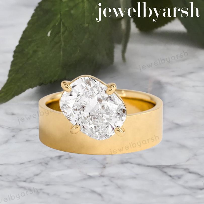 Oval Moissanite Signet Ring, Yellow Gold Ring, Unisex Moissanite Bridal Ring, 925 Sterling Silver Band, Oval Solitaire Engagement Ring