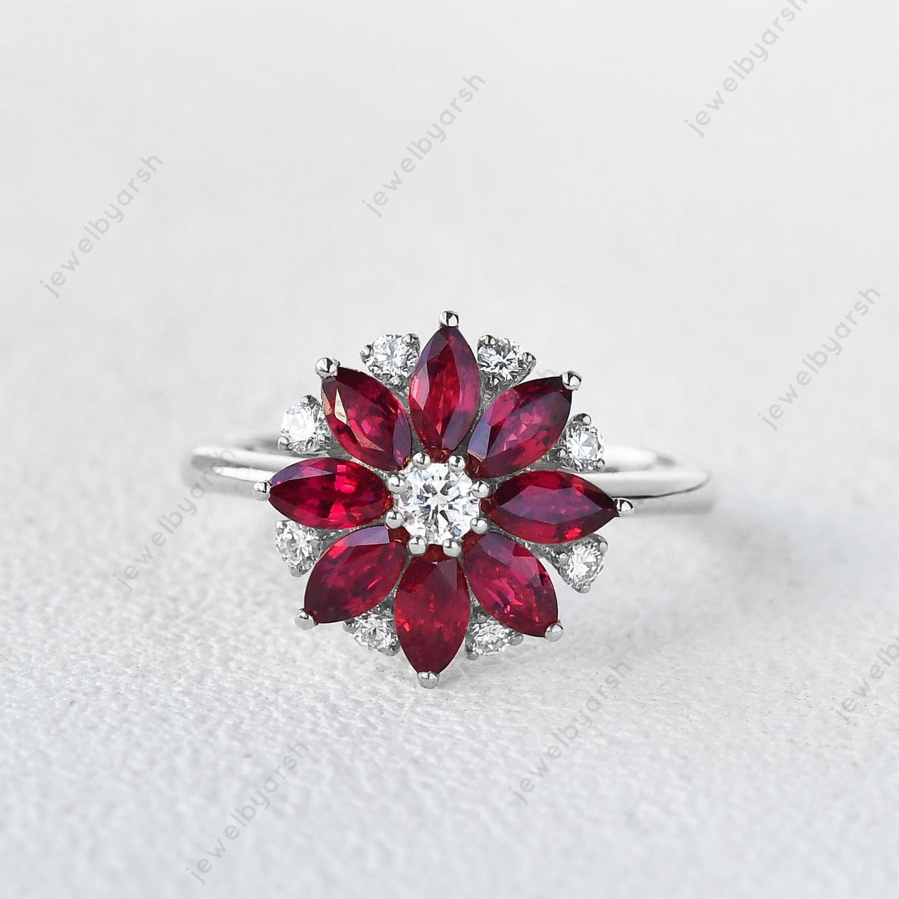 Floral Ruby Ring, Lab Created Ruby & Moissanite 925 Sterling Silver July Birthstone