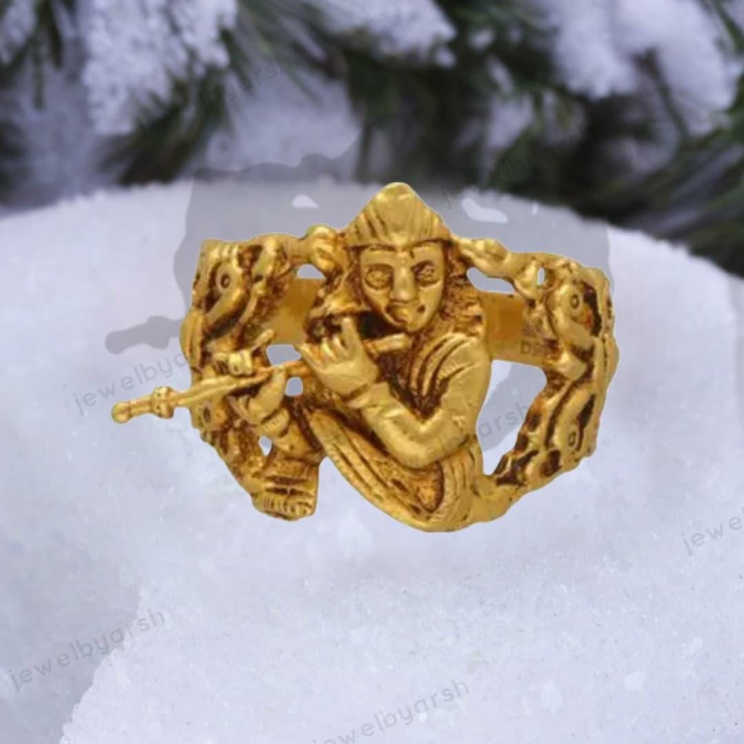 Lord Krishna Ring, 925 Sterling Silver, Antique Gold Plated Temple Jewelry, Krishna Religious Ring, Spiritual Gift