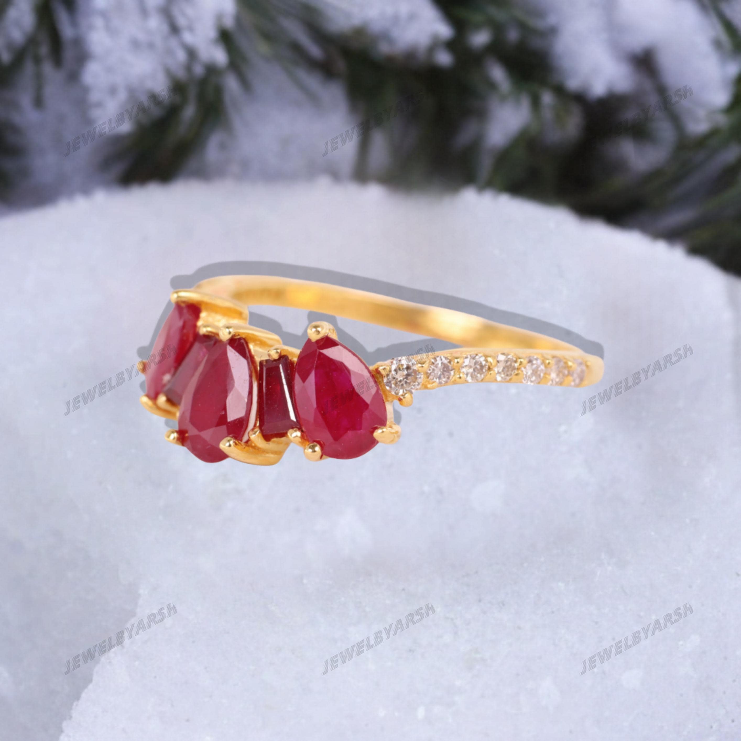 Pear Shape Ruby Ring, Red Lab Created Ruby & CZ Ring, 14K Yellow Gold Micron Plated 925 Sterling Silver, July Birthstone