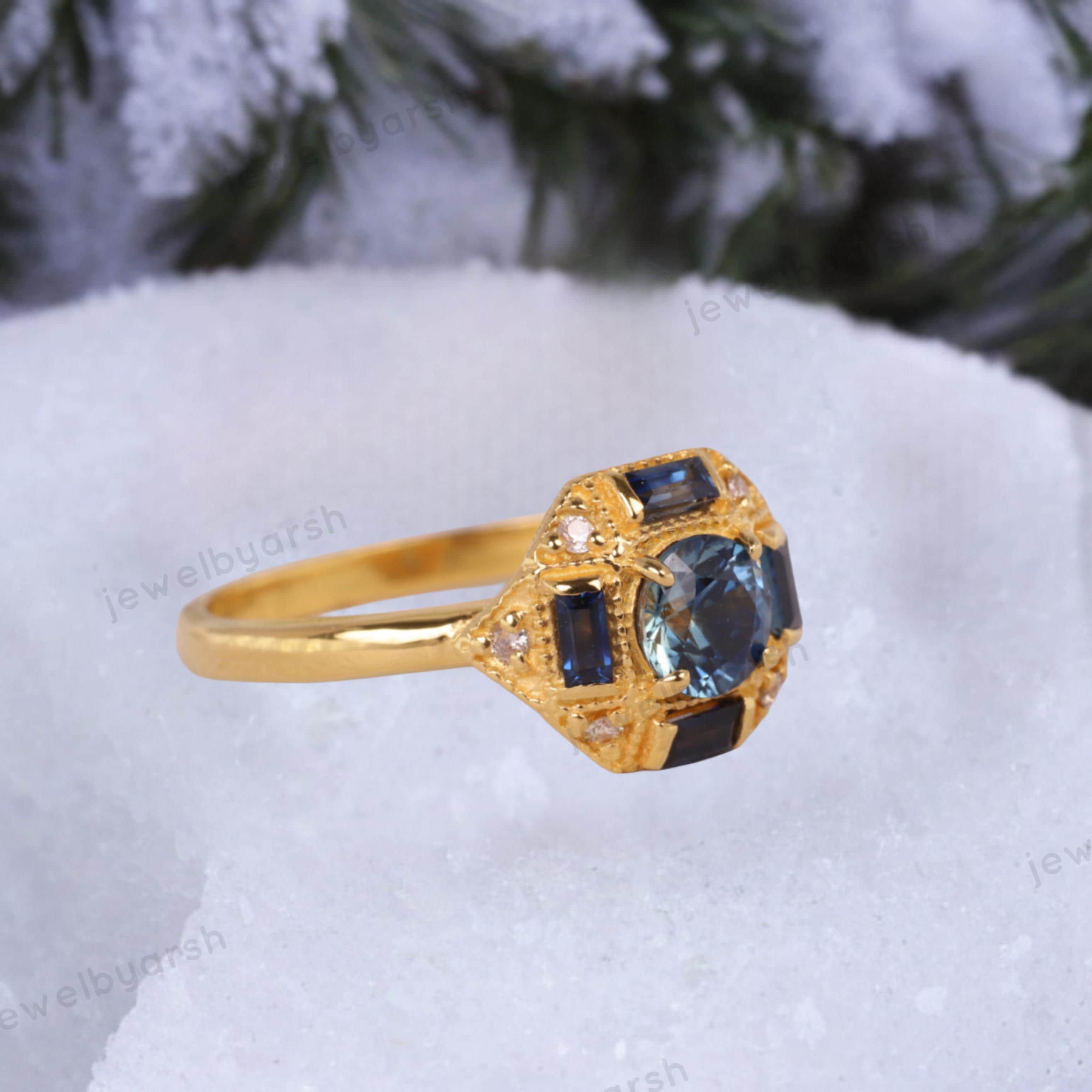 Antique Art Deco Sapphire CZ Stone Engagement Ring, Blue Sapphire Band, Delicate Bridal Ring Anniversary Gift, Brides Maid Ring,