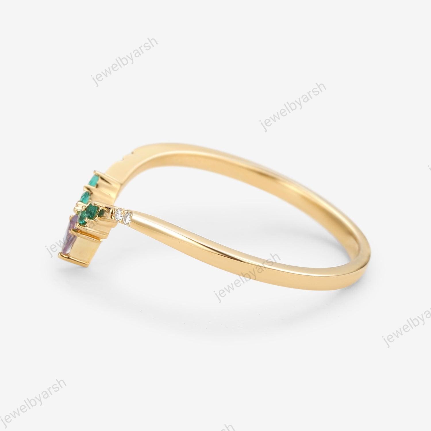 Kite Cut Alexandrite Curved Wedding Band,  Unique Yellow Gold Diamond Ring, Women Diamond Pave Ring, Band Bridal Stacking Match Promise Gift