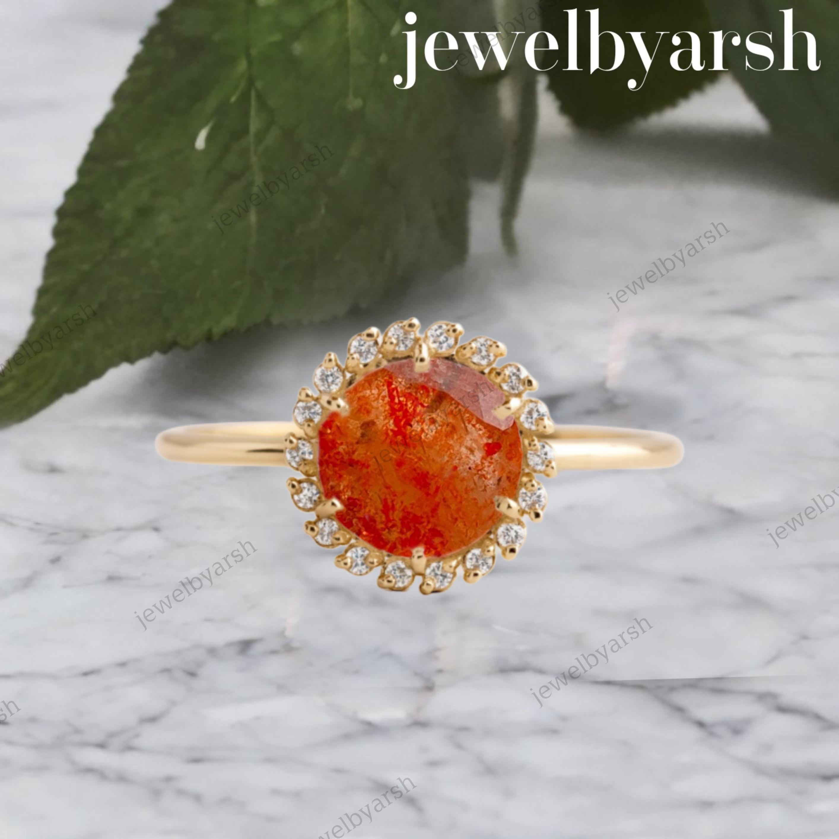 Orange Sandstone Ring | Yellow Gold Round Stone Halo, Adjustable Ring