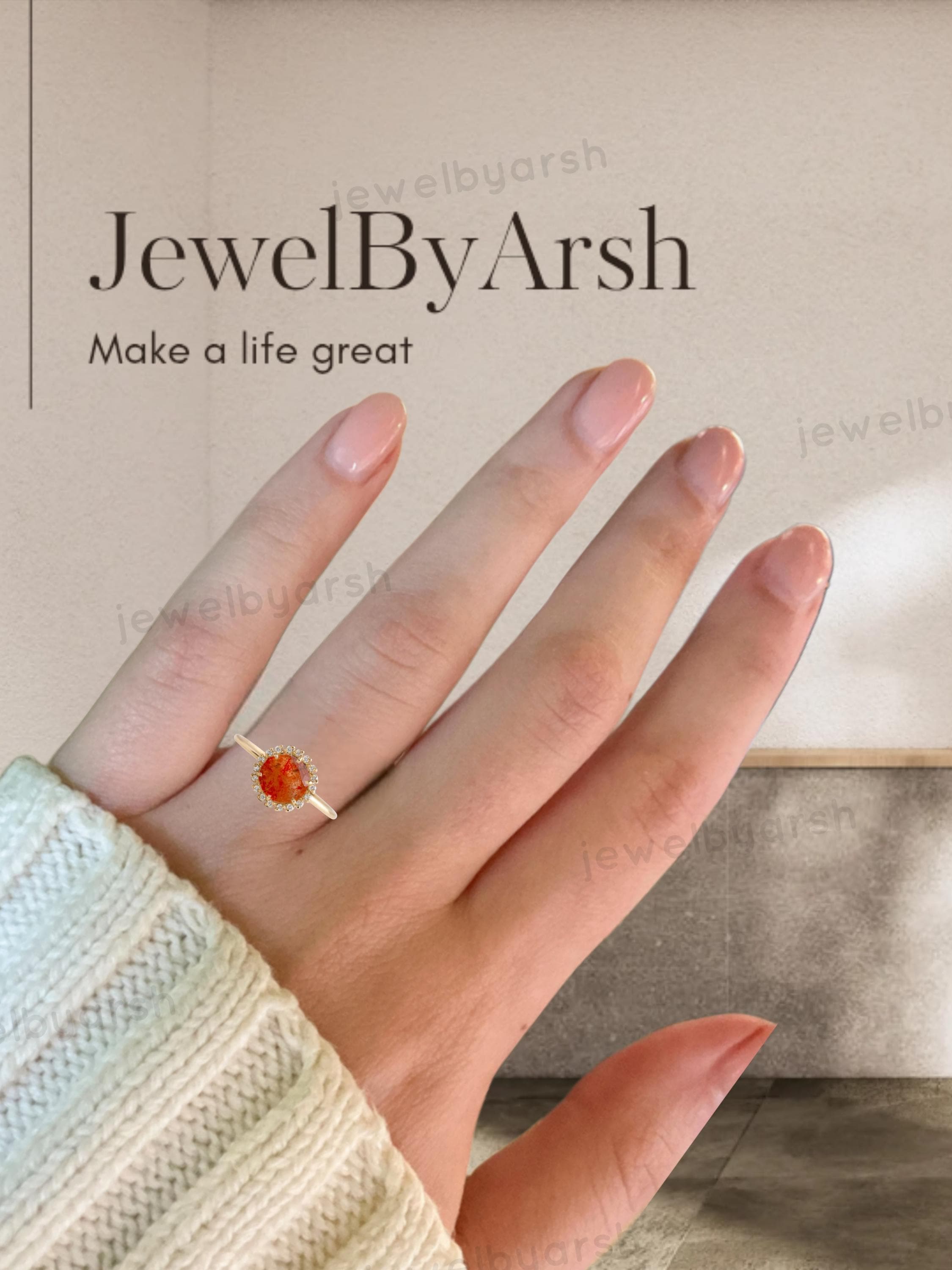 Orange Sandstone Ring | Yellow Gold Round Stone Halo, Adjustable Ring