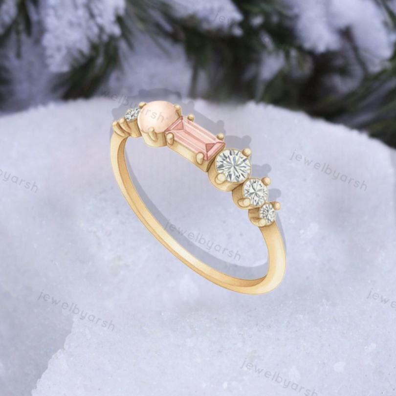 Baguette Pink Sapphire Ring, Lab Created Pink Sapphire, Round Opal & Lab Grown CZ Diamond, Gold Micron Plated 925 Sterling Silver