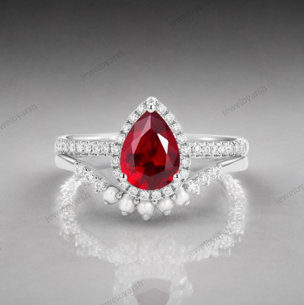 Pear Ruby Ring Set | 14K Rose Gold Bridal Ring With Pearl Accents