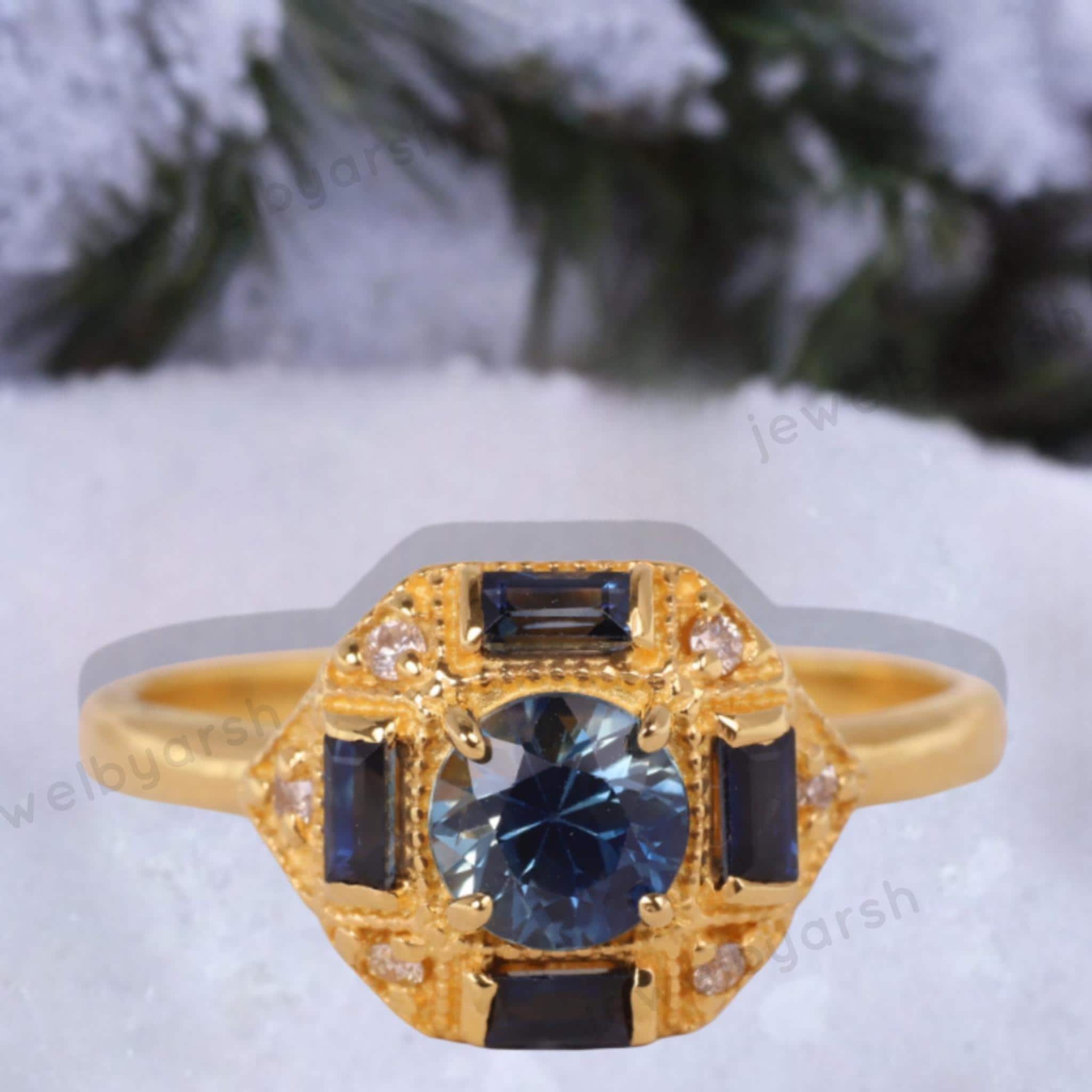 Antique Art Deco Sapphire CZ Stone Engagement Ring, Blue Sapphire Band, Delicate Bridal Ring Anniversary Gift, Brides Maid Ring,