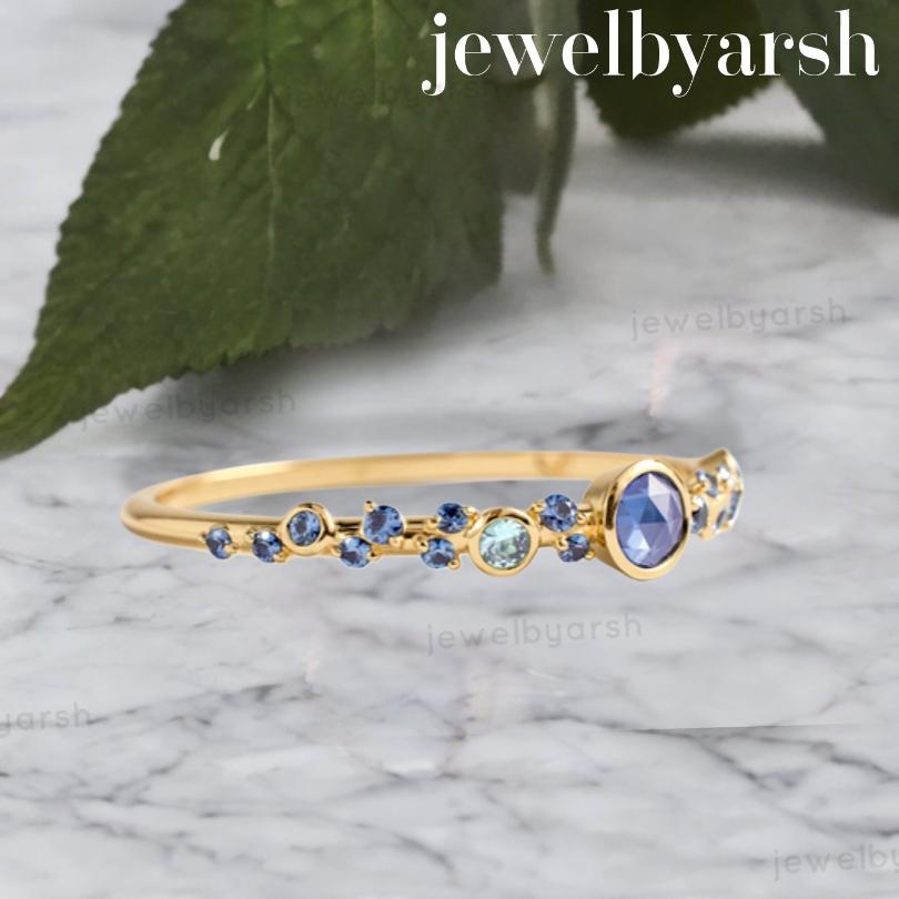 14K Gold Sapphire Aquamarine Bracelet, Blue Sapphire & Aquamarine Bangle, 925 Sterling Silver Gemstone Bracelet, Anniversary Gift