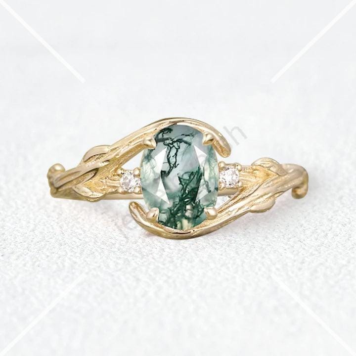 Moss Agate & CZ Diamonds Ring, Princess Cut Moss Agate Promise Ring, Art Deco Engagement  Ring, Stone Ring, Diamond Ring, Women Amazing Gift