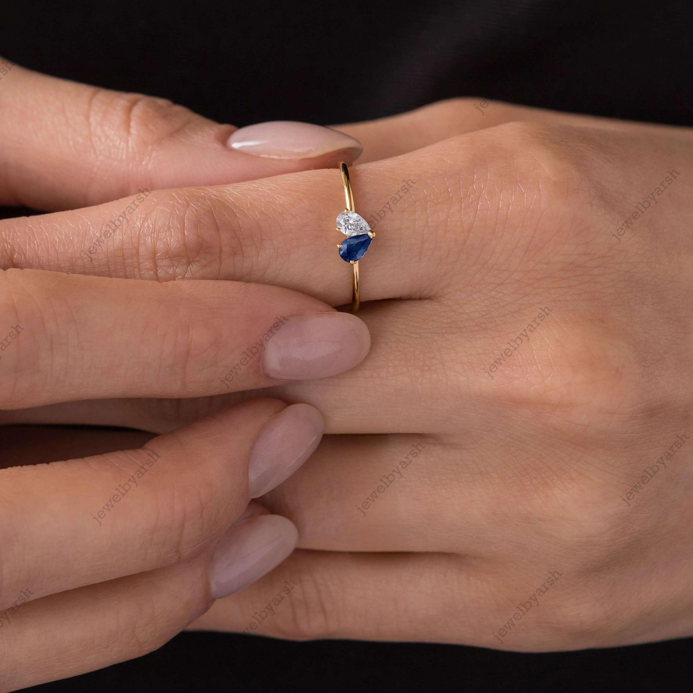 Ear Drop Blue Sapphire Moissanite Ring ,Pear Prong Ring Settings For Faceted Gemstone Rose Gold Plated Solid 925 Sterling Silver Ring