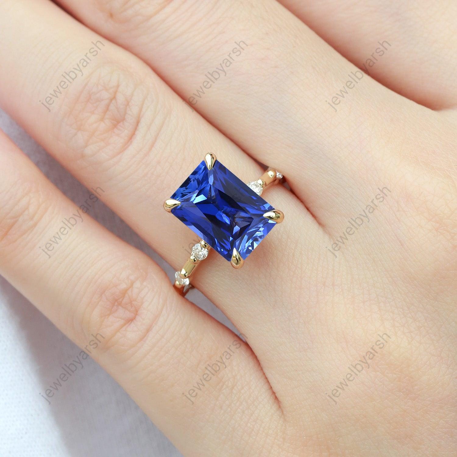 Princess Cut Blue Sapphire Ring â€¢ Sterling Silver Diamond Band