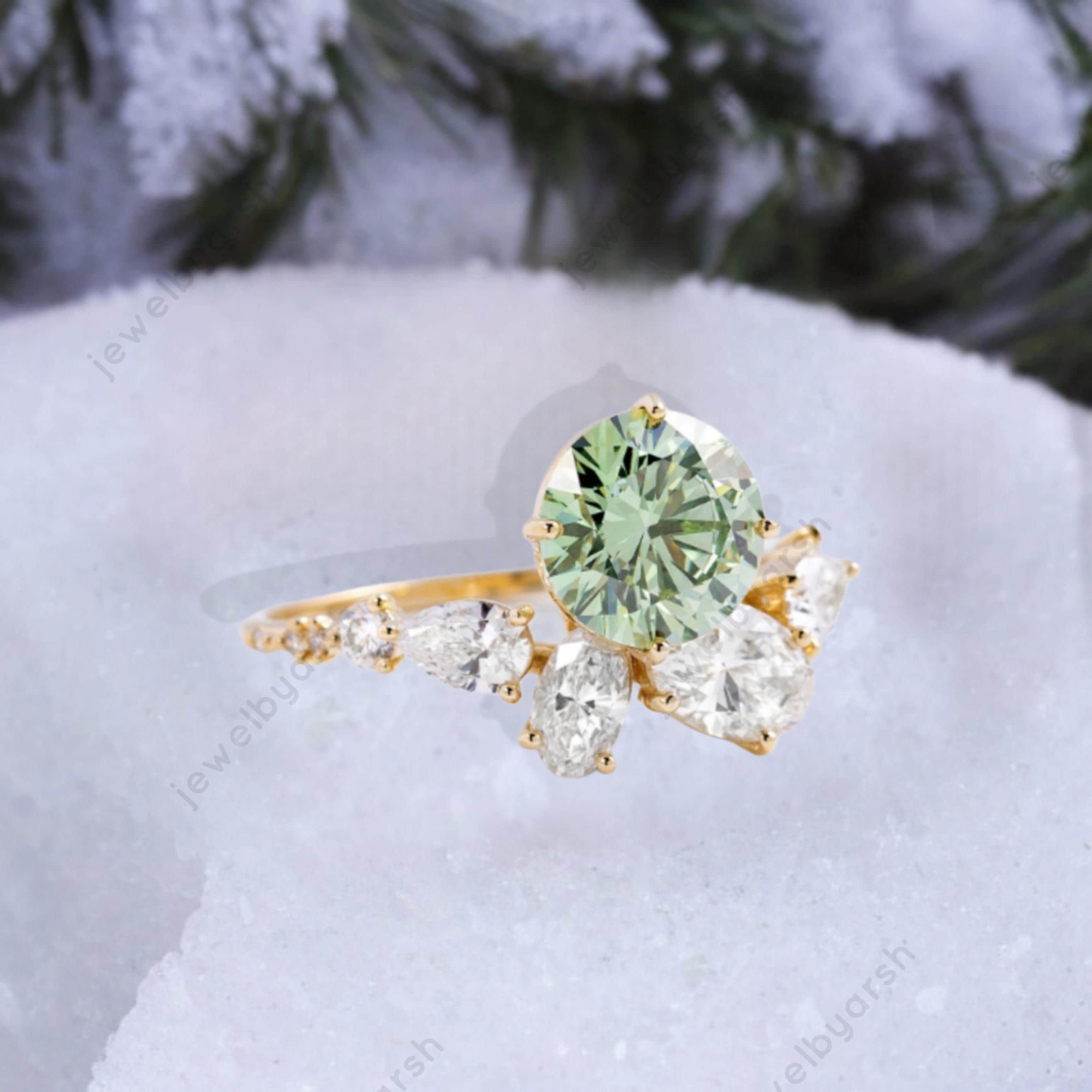 Green Peridot Ring, August Birthstone Ring, Pear Cut Peridot Solitaire, Oval Moissanite Accent Ring, 925 Sterling Silver Jewelry