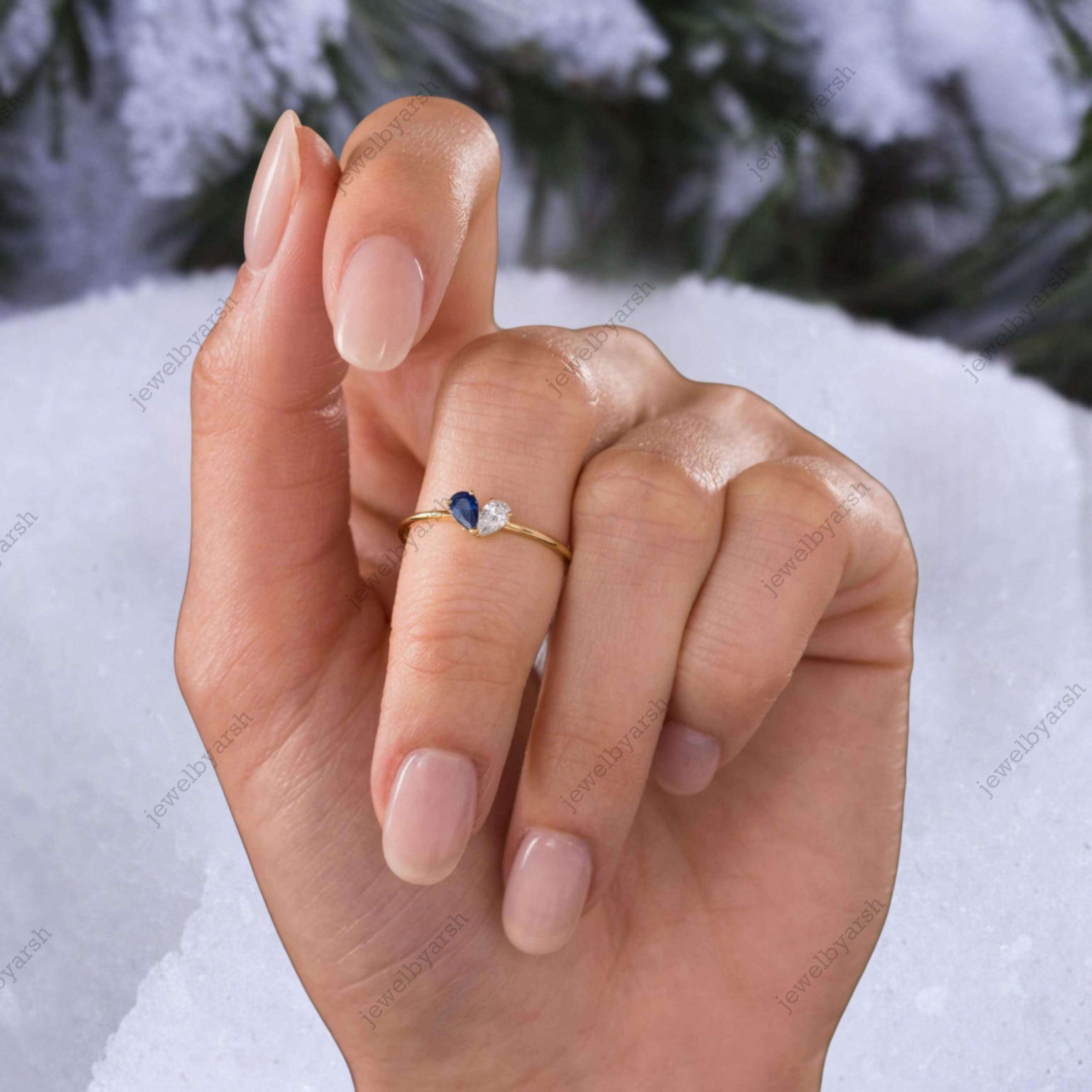 Ear Drop Blue Sapphire Moissanite Ring ,Pear Prong Ring Settings For Faceted Gemstone Rose Gold Plated Solid 925 Sterling Silver Ring